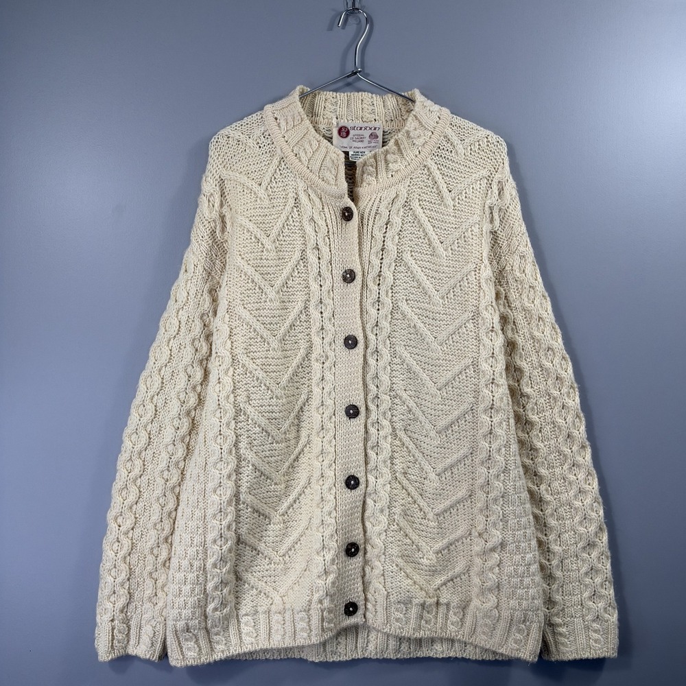 Standun Sweater Mens Large White Merino Wool Cable Knit Cardigan Ireland